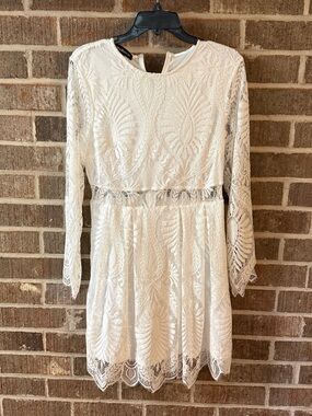 White Lace Long-Sleeve Fit & Flare Dress